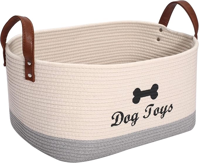 Large Dog Toy Basket, 100% Cotton Rope Dog Toy Storage Bin-Beige ﻿ ﻿ | Dog Toy Box for Livingroom Area with Handle for organizing Pet toys,Blankets,Leashes,Pee Mats and Diapers-16.5"x10.6"x 7.5"