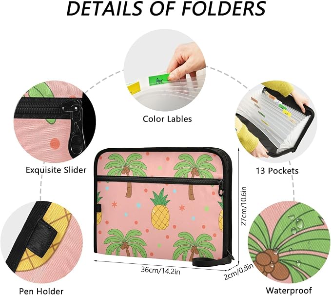 Tropical Pineapples Pink Expanding File Folder with Sticky Labels, 13 Pockets Accordion File Folder Document Organizer Expandable Zip File Folder with Zipper Closure
