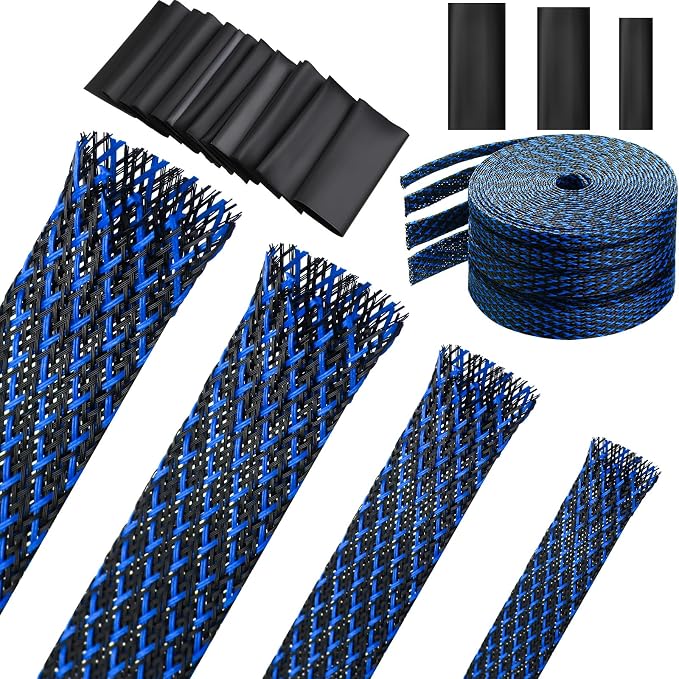 Tatuo 65.6 ft Braided Cable Sleeve Expandable Wire Sheathing(Blue, Black) | with 120 Heat Shrink Tubing 1/4 in 2/5 in 1/2 in 3/4 in Wire Sleeve Cord Management for Television Audio Computer Video Pets