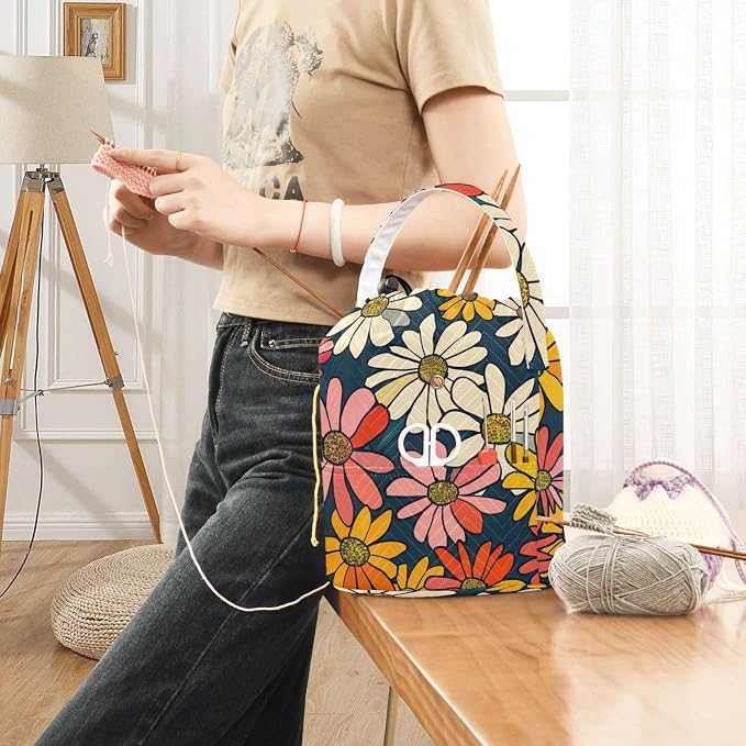 Fustylead Vibrant Vintage Groovy Daisy Flowers Yarn Crochet Tote Basket, Large Knitting Drawstring Organizer Yarn Storage Bag for Crocheting Project, Sewing Supplies, Yarn Balls, Needles