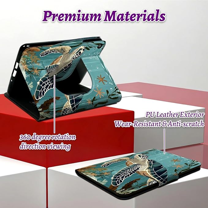 Rotating Handle Case for Samsung Galaxy Tab A11 Plus 2026/A9 Plus 11" 2024, 360 Degree Swivel Kickstand with Magnetic Closure Shockproof Leather Cover for Women Men, Retro Turtle Ocean