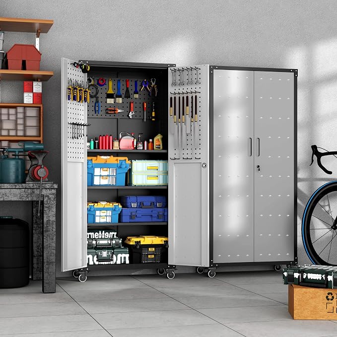 Metal Storage Cabinet for Garage, Tool Cabinet, Utility Cabinet | with Wheels, Tall Tool Cabinet, Lockable, 2 Doors, Adjustable Shelves, Pegboard, Assembly Required, Black & Grey