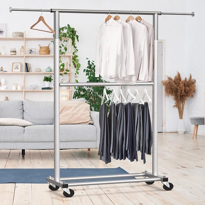 Simple Houseware Double Rod Adjustable Clothing Garment Rack, Grey | Extendable Width from 30 to 48 Inches
