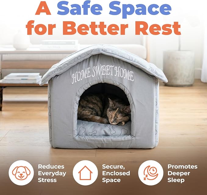 Best Pet Supplies Cat Bed for Indoor Cat, Domed Tent House with Removable Pillow, Covered Cat Cave for Small Dog, Puppies and All Breeds of Cats - Silver w/ Bones, 16 x 16 x H:14"