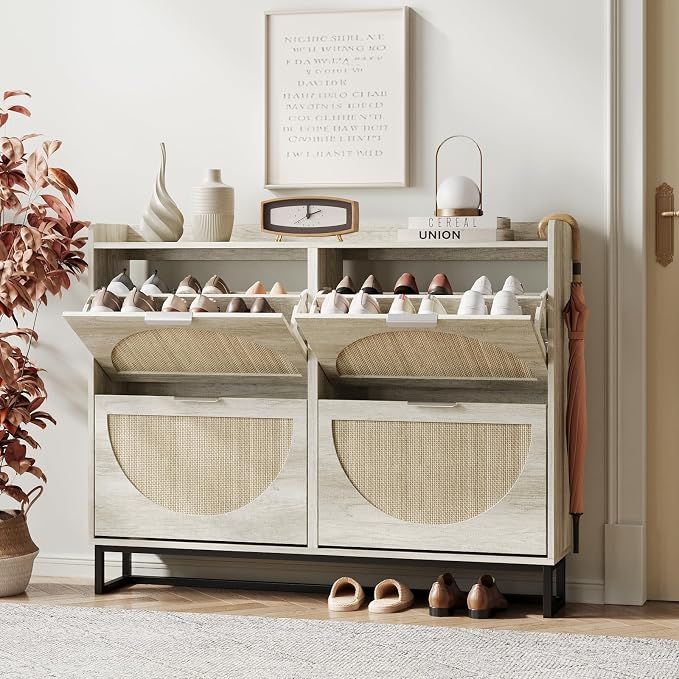 Maupvit Large Rattan Shoe Storage Cabinet with 4 Flip Drawers, Freestanding Shoe Organizer with Metal Legs for Entryway, Hidden Silver Handles, Narrow Shoe Rack Cabinet, Beige