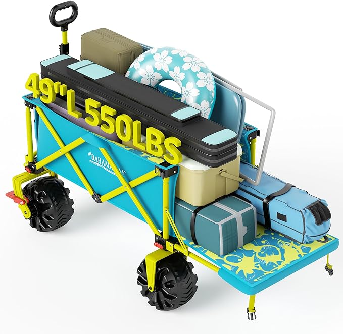 Old Bahama Bay 300lbs Extra Long 49" L Beach Wagon with Big Wheels with Brake for Sand, Collapsible Utility Beach Cart Heavy Duty Folding Wagon,Ideal for Outdoor Sand Camping Garden Pet