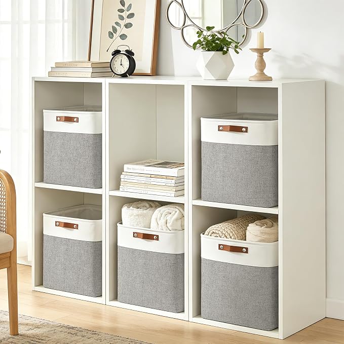 Bagnizer Large Fabric Storage Baskets | 50L Storage Bins, Decorative Linen Closet Baskets with Handles for Organizing, Shelf, Toys, Clothes, Home, Office, Nursery, 17x12x15Inches (Grey&White)
