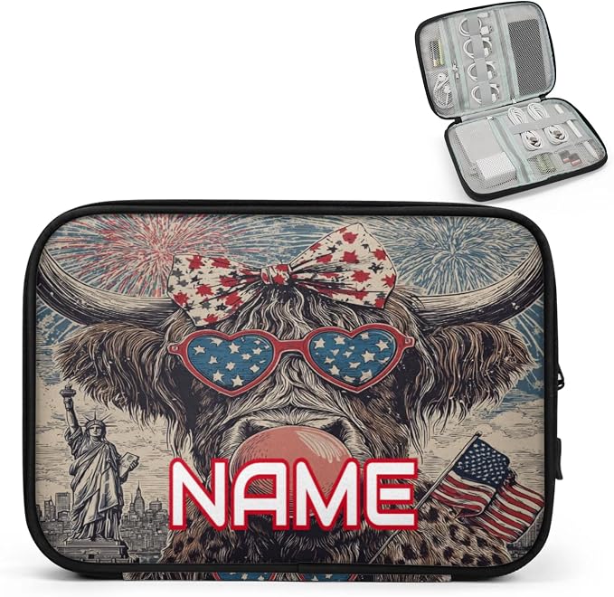 Custom Electronics Organizer Patriotic Highland Cow Travel Cable Pouch Large Tech Accessories Case Waterproof Cord Storage Bag for Power Bank Charger Phone Earphone