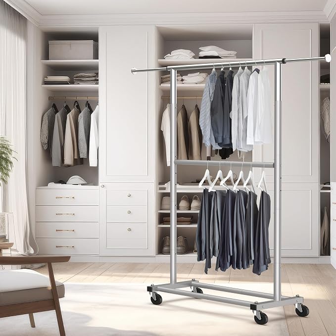 Simple Houseware Double Rod Adjustable Clothing Garment Rack, Grey | Extendable Width from 30 to 48 Inches