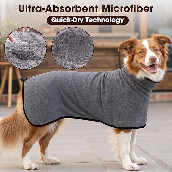 Microfibre Dog Bathrobe Towel Wrap Super Absorbent Dog Drying Coat Bath Robe for Puppy, Medium & Large Dogs, Fast Drying, Adjustable