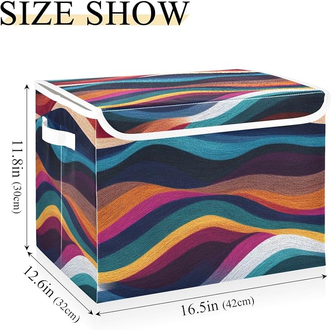 Color Boho Wave Storage Bins with Lids Closet Bedroom 40L Storage Basket | Decorative Storage Boxes, Foldable & Stackable, Dust-Proof Flip Top, Reinforced Handles, For Home & Dorm, Clothes & Toy Box