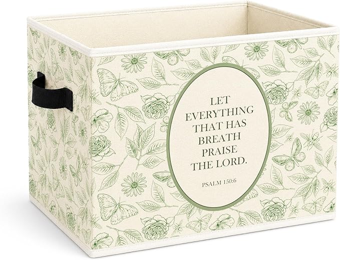 Bible Verse Storage Bin, Foldable Fabric Basket for Kids Room Nursery | Foldable fabric storage bin with Psalm 150:6 butterfly design for toys, books, clothes, nursery, bedroom, and playroom use.