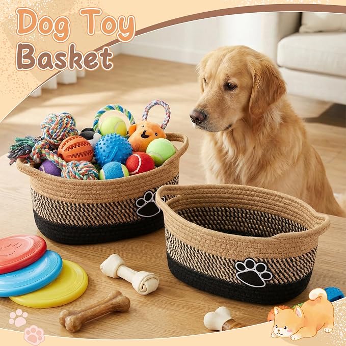 2 Pcs Dog Toy Basket Gift Baskets for Organizing Woven Organizers Cat Toy Food Storage Bin Cute Dog Paw Rope Storage Organizer with Handle, Cat Holder Container 11.8 x 7.8 x 5.1 Inch