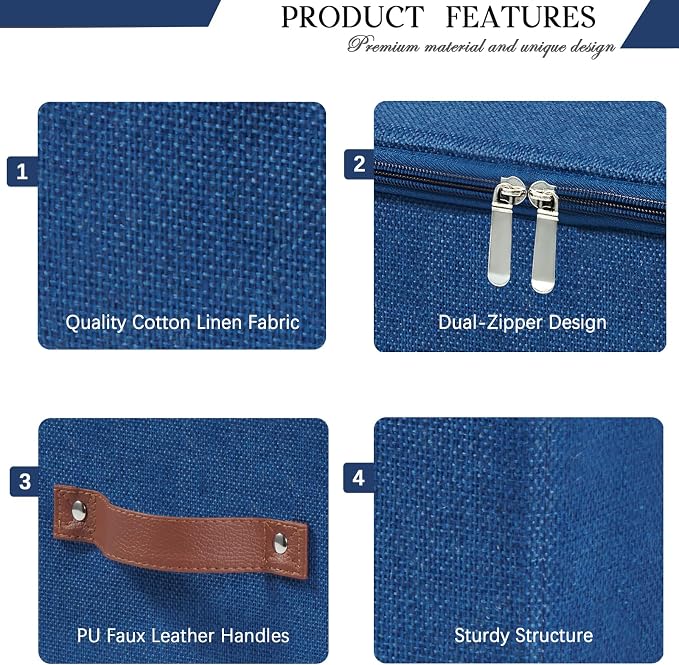 Storage Bins with Zipper Lid Decorative Lidded Box Fabric Baskets | Collapsible Shelf Closet Organizer Container, Cotton Linen Boxes, PU Leather Handle, Stackable Washable (Dark Blue, Large)