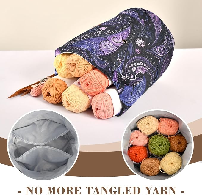 Tatenale Crochet Bag Yarn Bag Knitting Project Bag with Pockets and Handle Portable Yarn Storage Organizer Tangle Free 8.3x11 InchPurple Paisley30