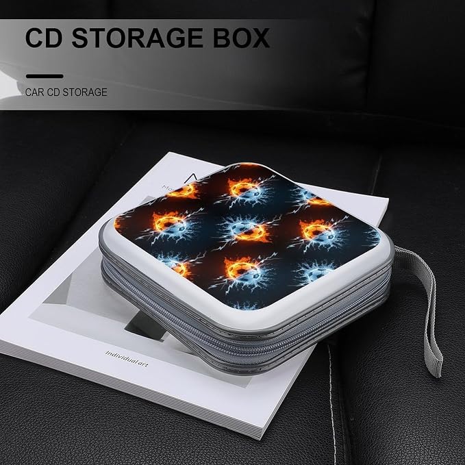40-Disc Capacity CD/DVD Case Football Ice And Fire Soccer, Hard Plastic Protective Storage Binder with Zipper, Portable Organizer for Car Home Office
