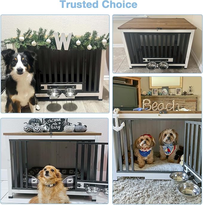Large Dog Crate Furniture with Bowl for Travel Foldable Dog Crate with Chew-Proof Design Pull-Out Tray Carrying Puppy Cage Crates for Dogs Indoor (White)