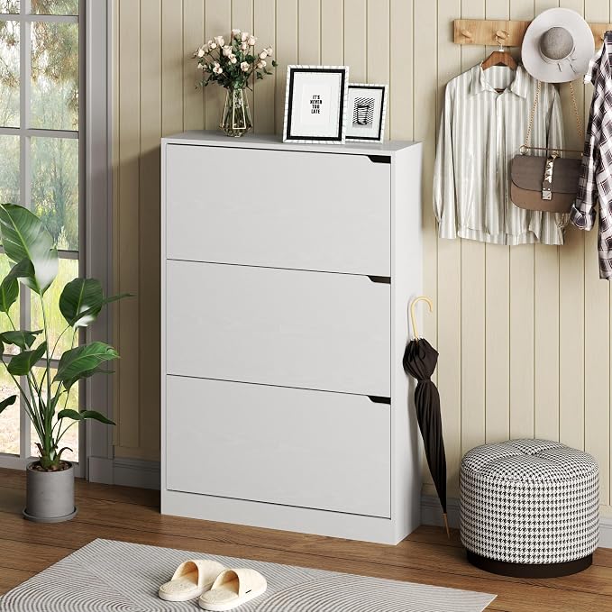BORNOON Shoe Cabinet with 3 Flip Drawers, Hidden Wood Shoe Cabinet,Freestanding Shoe Storage Cabinet for Entryway Hallway.White. 47.2" H*31.5" W*9.45" D.