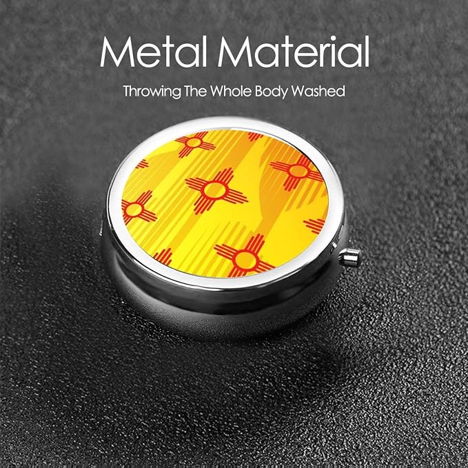 Round Pill Case, Shiny Grunge Flag New Mexico Portable Mini Holder, Travel Organizer with Mirror, Pocket Purse Box for Daily Meds