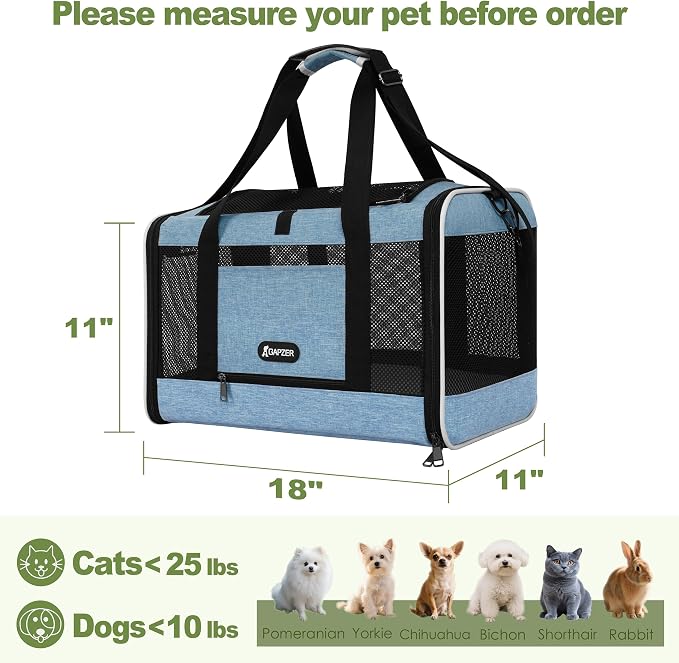 GAPZER Cat Carrier 18 x 11 x 11 Top Loading Soft Pet Travel Bag Over 15lbs | Portable Small Dog Puppy Car Travel Crate 10 lbs, Chihuahua Kennel Carry Case, Kitty Cloth Cage Medium Cat Under 25 lbs Blue