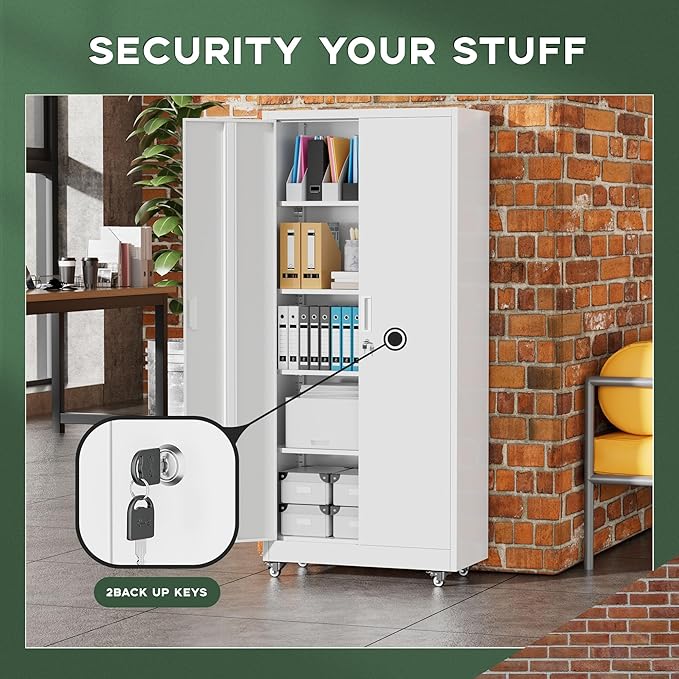 Greenvelly Metal Garage Storage Cabinet with 4 Swivel Wheels, 73" White Storage Cabinet on Wheels, Rolling Tool Cabinet with Locking Doors and Shelves for Garage, Basement, Home, Warehouse