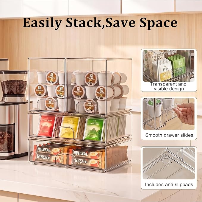 Clear Stackable Storage Drawers: Acrylic Organizer Bins 4 Pack | for Baby Bottle makeup Ideal for Countertop, Vanity, Station, Bathroom, Kichen Cabinet Pantry Organization