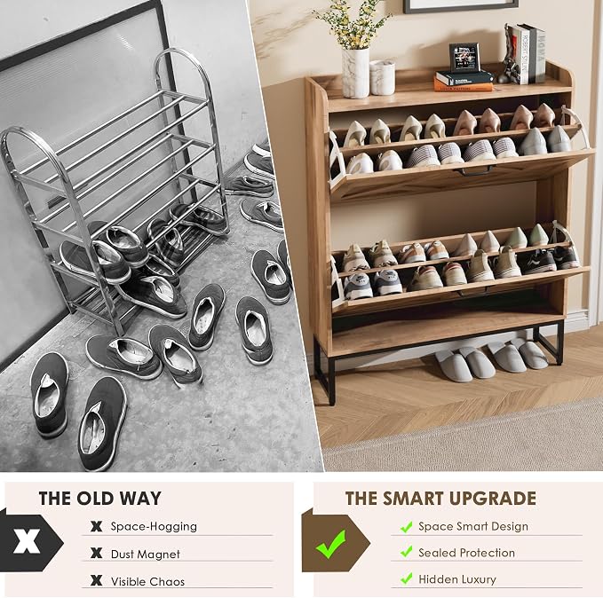 Shoe Storage Cabinet with 2 Flip Drawers, Entryway Organizer, Oak | Slim Shoe Cabinet with Metal Legs, Narrow Farmhouse Shoe Organizer for Entryway, Foyer, Hallway, Wood Shoe Rack with Hook