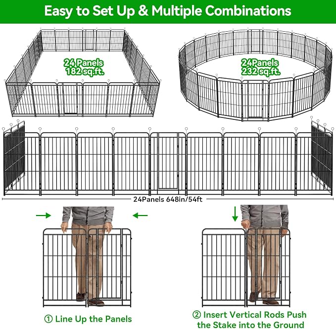Kfvigoho Heavy Duty Dog Fence Outdoor 24 Steel Panels 32" Height | Square Steel Pipe with Reinforced Crossbars, 54FT 227 Sq.ft Portable Dog Fence Outdoor for Yard & RV Camping, Snowy Black