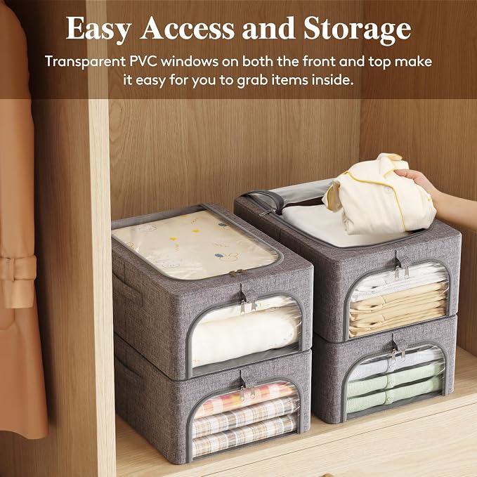 Lifewit Clothes Storage Bins with Metal Frame 3 Pack, Fabric Stackable Storage Bags with Lids, Zipper, Foldable Clost Organizers Containers for Clothing, Blanket, Winter Cloth, 25L