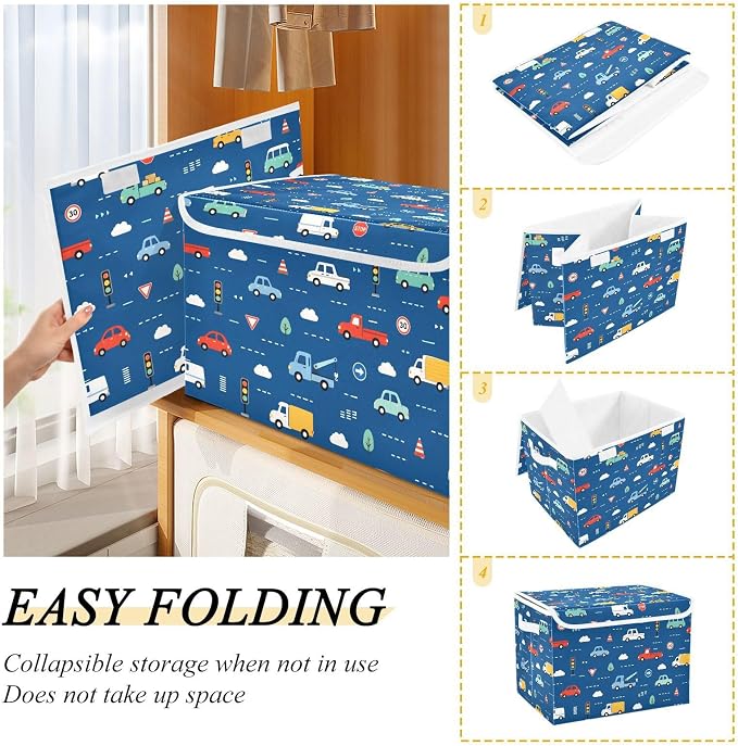 Storage Bins with Lid Trunk Vehicle Foldable Storage Boxes 40L Baskets | Decorative Storage Boxes, Dust-Proof Flip Top, Reinforced Handles, For Home & Bedroom, Clothes & Toy Box, Oxford Fabric Print