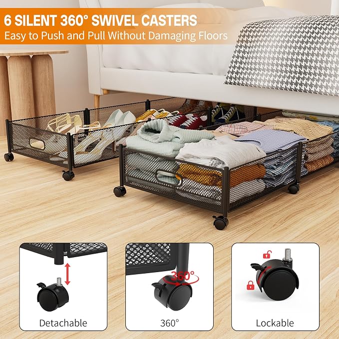 Under Bed Storage With Wheels, 47.2''/90lbs/57.6L, Metal Frame Under Bed Rolling Storage, Tool-Free Assembly Underbed Drawers, Underbed Organizer Containers for Shoes, Clothes and Toys