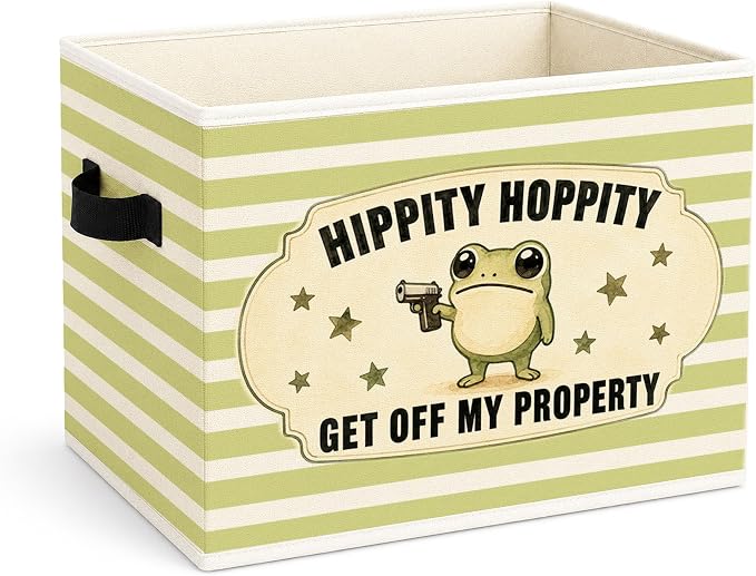Funny Frog Green Stripe Foldable Fabric Storage Bin | Hippity Hoppity frog design; foldable fabric storage bin for bedroom, dorm, closet, toys, books, or clothes.