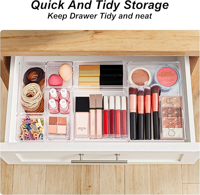 SMARTAKE 7 PCS Drawer Organizer, 4-Size Desk Drawer Organizer Trays | Storage Tray with Non-Slip Silicone Pads for Makeup, Jewelries, Utensils in Bedroom Dresser, Office and Kitchen (Clear)