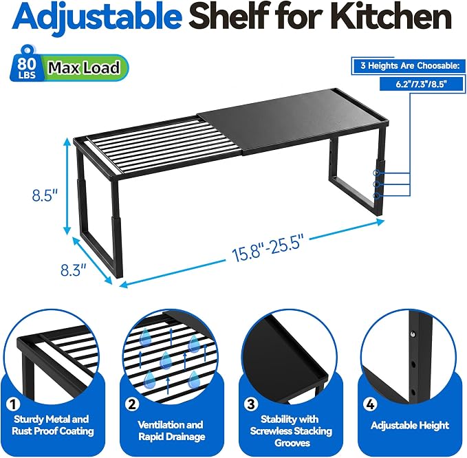 Expandable Cabinet Shelf Organizer, Stackable Countertop Shelves, Black | 15.8''- 25.5'' In Cabinet Shelf, Adjustable Kitchen Cabinet Organizer for Pantry Organizer, CupBoard Organizers and Storage