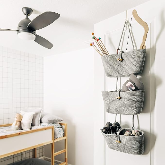 OrganiHaus Over the Door Organizer, Woven Rope Hanging Baskets, 3-Tier | Cotton Wall Storage Basket For Nursery Decor, Entryway, Bathroom, Playroom Or Dorm, Mounts On Door Or Wall, Light Gray