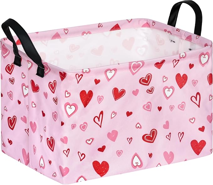 Kid Storage Basket Gift Shelf Basket Toy Storage Bin, Nursery Basket Organizer Box for With Handles for Room Deco Heart Pattern Valentine's Baskets