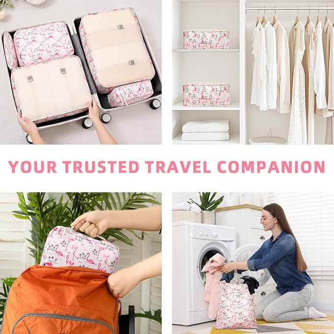 BAGAIL 8 Set Packing Cubes Luggage Packing Organizers for Travel Accessories-Pink Flamingo