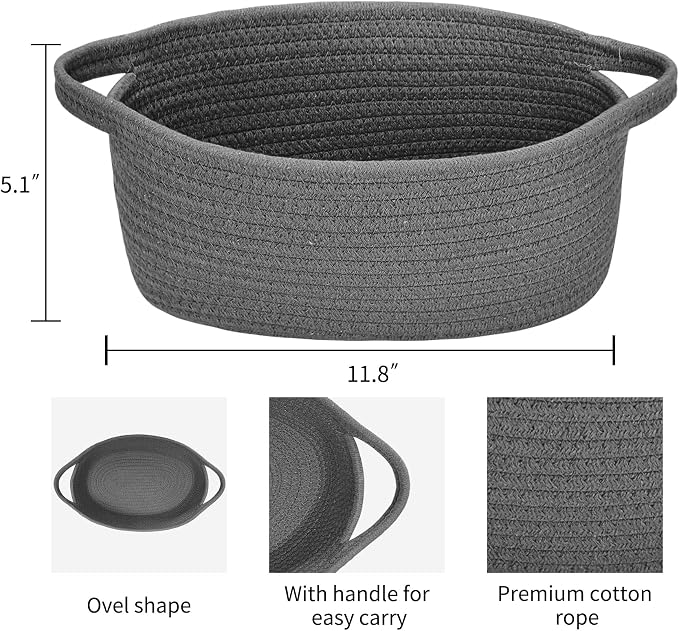 ABenkle Small Basket with Handles, Boho Decorative Rope Woven Dog Cat Toy Storage Bin Shelf Storage Organizer, Easter Christmas Gift Basket, 12"x8"x5"
