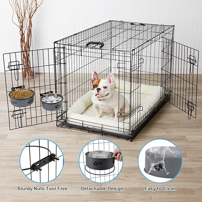 Stainless Steel Dog Crate Bowls Hanging No Spill 2 PCS - Adjustable Mountable Kennel Bowls for Medium/Large Dogs, Anti Spill Water & Food Bowl Set (Gray, M(5.5"+6.3"))
