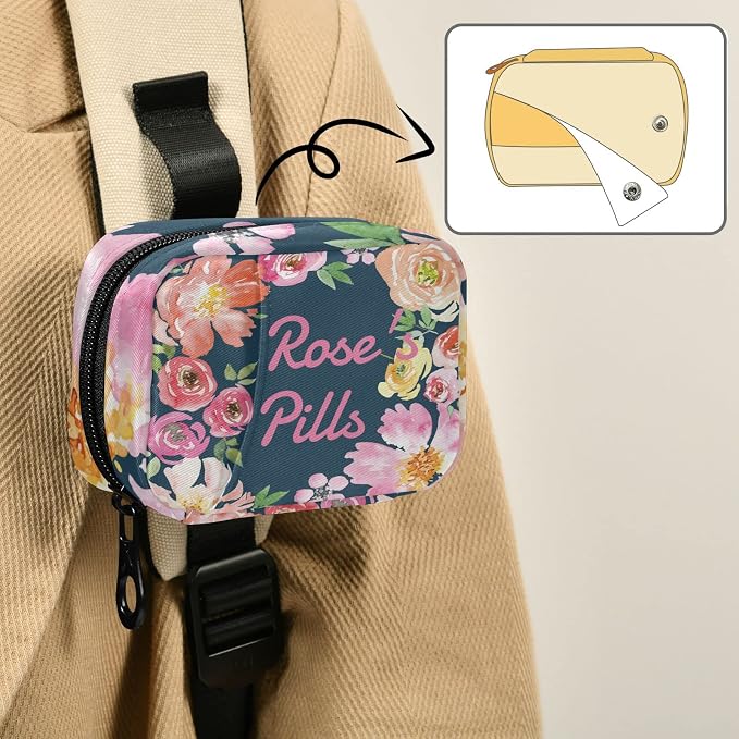 Custom Pill Box 7 Day Pill Case Bag Watercolor Floral Flower Personalized Name Travel Pill Organizer Bag with Zipper Portable Weekly Case Compact Size for Vitamin Supplement Holder