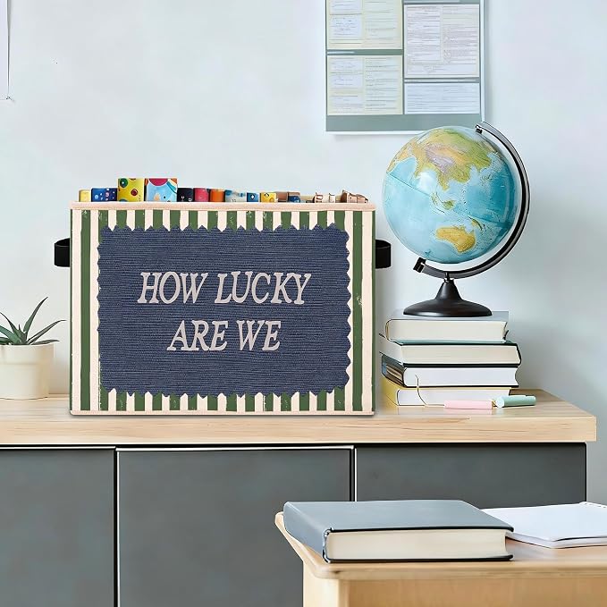 How Lucky Are We Green Stripe Foldable Fabric Storage Bin for Kids Room | Green stripe design, foldable storage bin for toys, books, clothes in nursery, bedroom, or playroom.