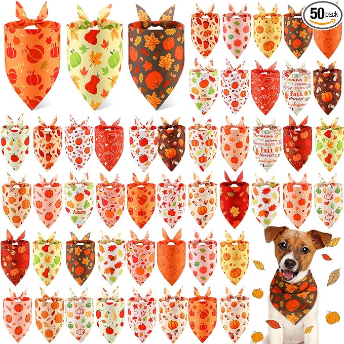 Abbylike 50 Pcs Fall Dog Bandanas Bulk, Autumn Harvest Pumpkin Pattern