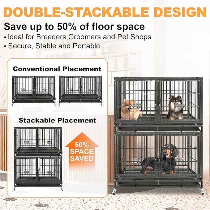 Homey Pet 43 inch Dog Crate Stackable Heavy Duty Dog Kennel Indoor, 2 Tiers | Dog Grooming Cage with Dual Front Doors, Auto Locks, Removable Grid & Tray, Wheels, Bowls, Ideal for Small and Medium Dogs