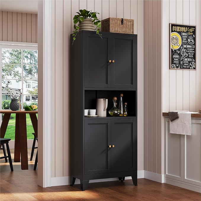 YAUWOH 69" Tall Metal Pantry Cabinet with Microwave Shelf, 4 Doors & 3 Adjustable Shelves, 120LBS Per Shelf Heavy Duty Storage Cabinet with Anti-Tip Design for Kitchen,Dining Room (1PC,Black)