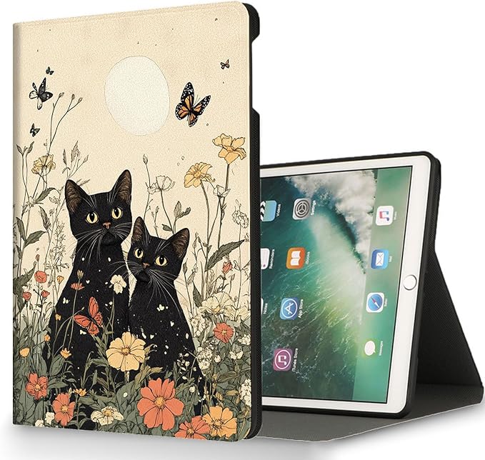 for Microsoft Surface Pro X/Pro X Plus-13 2019/2020/2021/2024 Tablet Case,Auto Wake/Sleep,Adjustable Stand Protective Cover - Black Cat Flower Moon