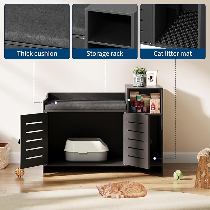 Cat Litter Box Enclosures, Large Hidden Cat Litter Box Furniture with Double Door, Wooden End Table Litter Box Cabinet with Storage Shelf, Cushion & Litter Mat, Dog Proof Design, Modern Cat House