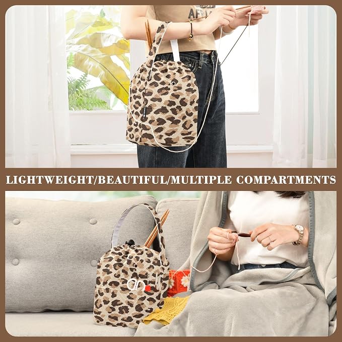 Tatenale Crochet Bag Yarn Bag Knitting Project Bag with Pockets and Handle Portable Yarn Storage Organizer Tangle Free 8.3x11 InchLeopard Skin Print18