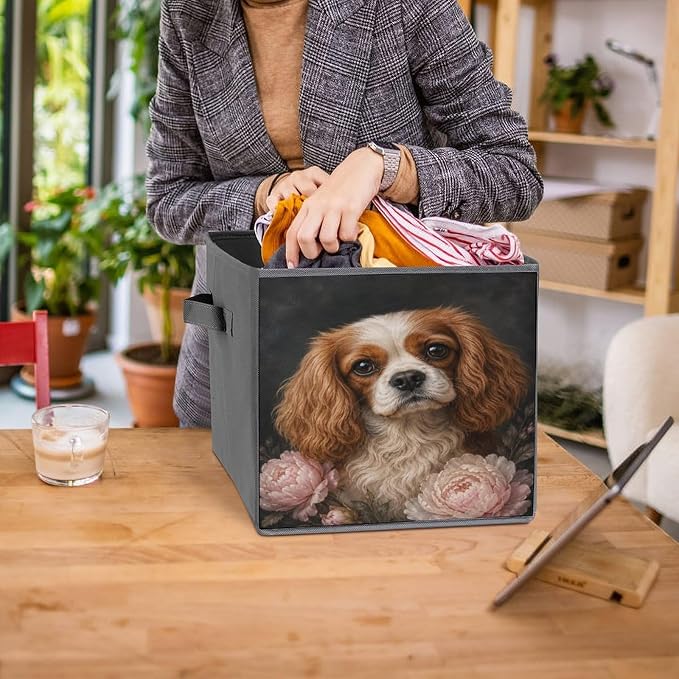 Cocker Spaniel With Peonies Storage Bin with Handles, Oxford Fabric Foldable Storage Cube Organizer for Clothes, Towels, Bedroom, Living Room, Home Organization