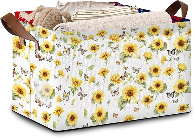 Foldable Collapsible Storage Bin with Sunflower & Butterfly Design - 17x11.5x10.5 Inch Organizer Basket for Home Decor, Closet, Seasonal Storage - Single Pack No Lid Space-Saving