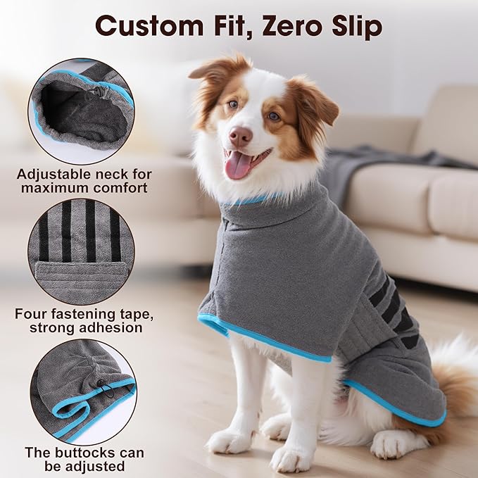 Microfibre Dog Bathrobe Towel Wrap Super Absorbent Dog Drying Coat Bath Robe for Puppy, Medium & Large Dogs, Fast Drying, Adjustable